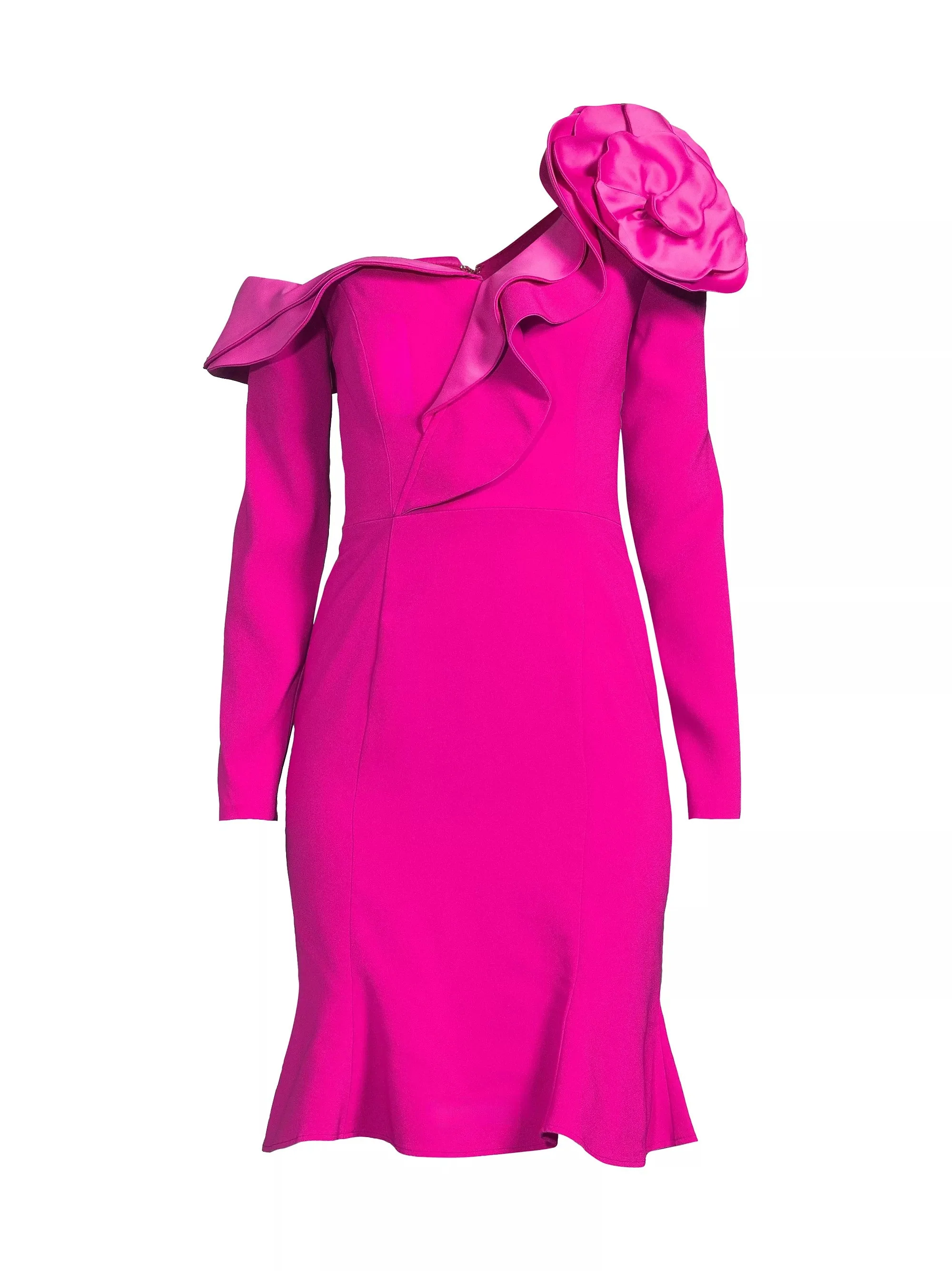 Asymmetric Crepe Dress with Floral Detail in Hot Pink - Image 4