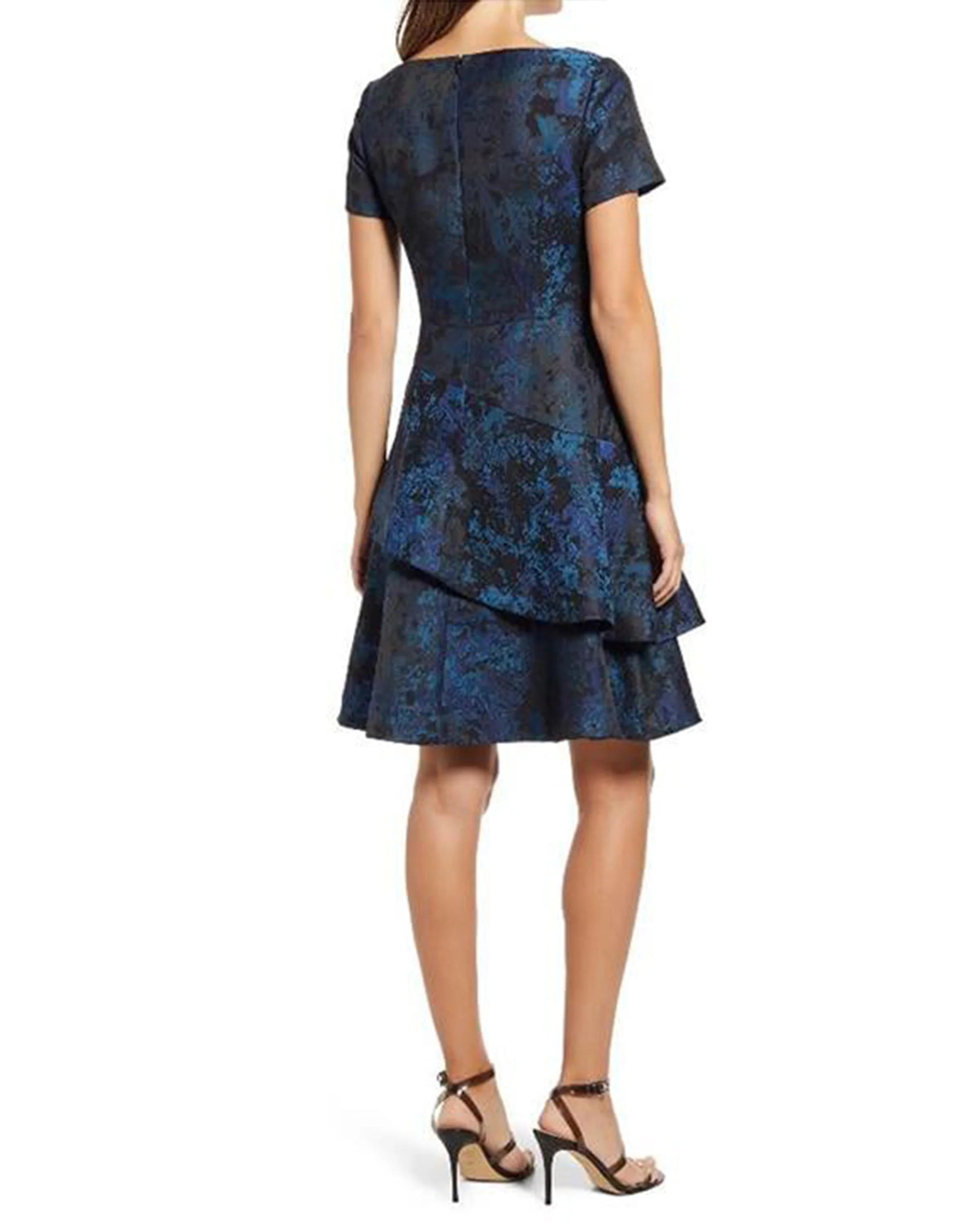 Asymmetric Tiered Jacquard Dress in Blue - Image 3