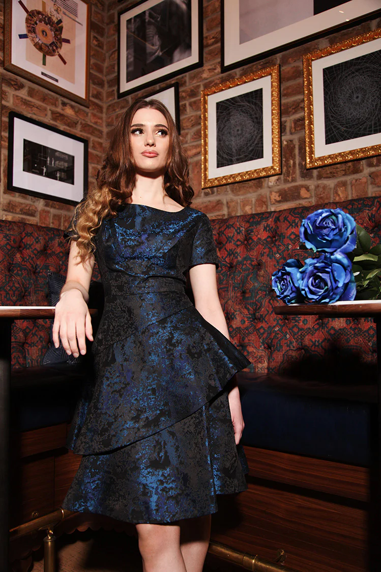 Asymmetric Tiered Jacquard Dress in Blue - Image 6