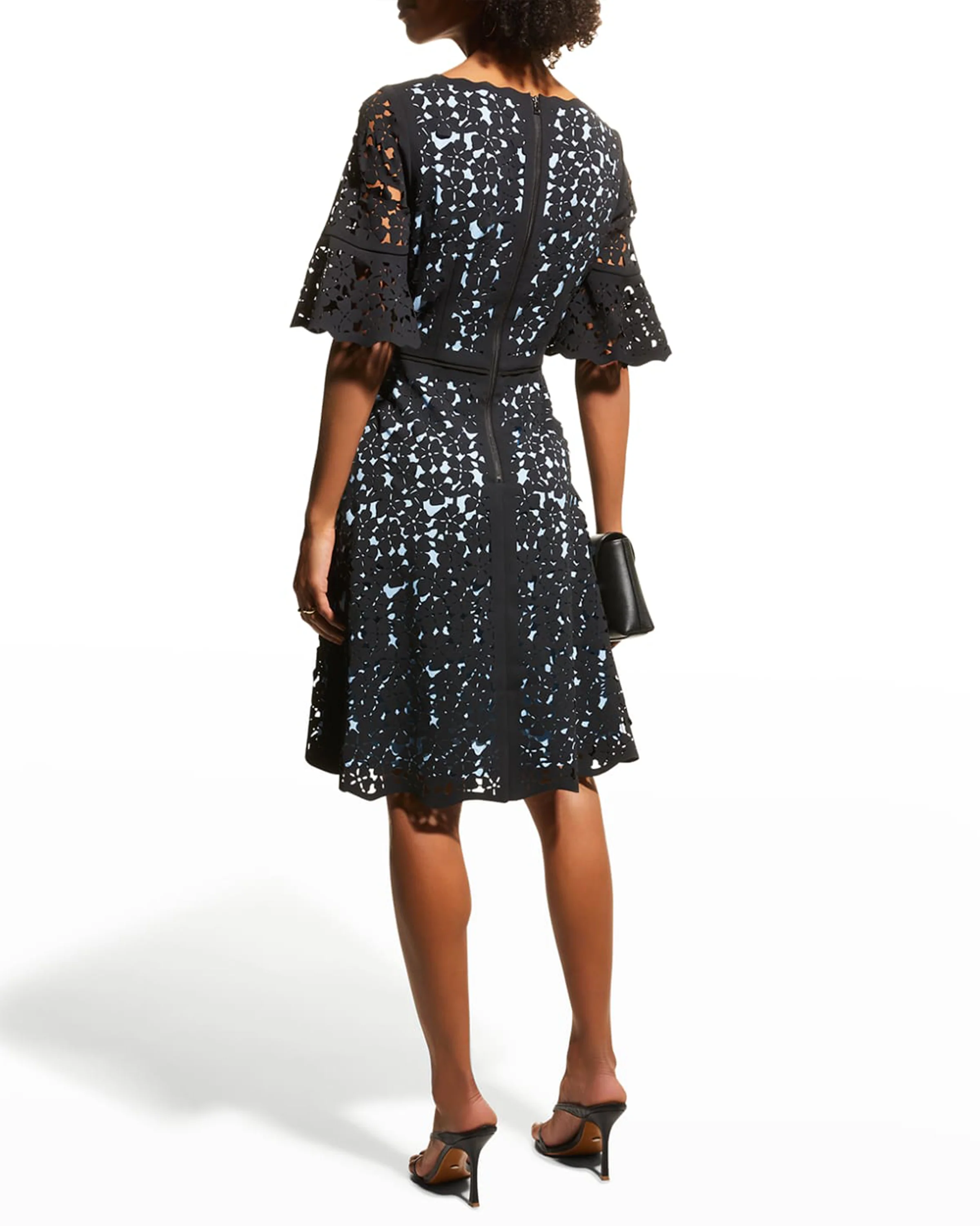 Bell-Sleeve Laser Cut Dress in Blue - Image 2