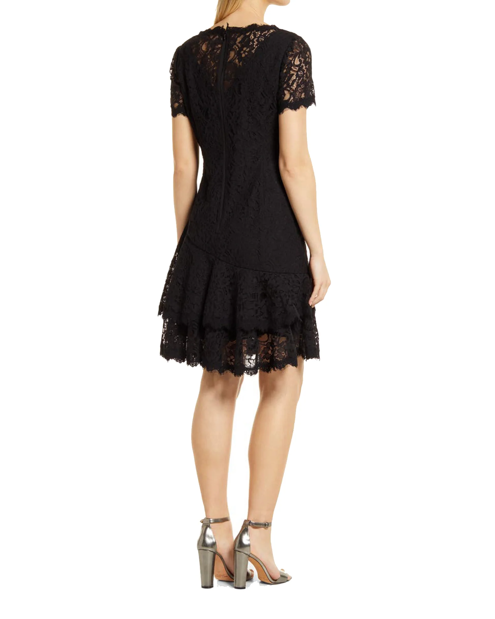 Short-Sleeve Double Ruffle Lace Dress in Black - Image 2