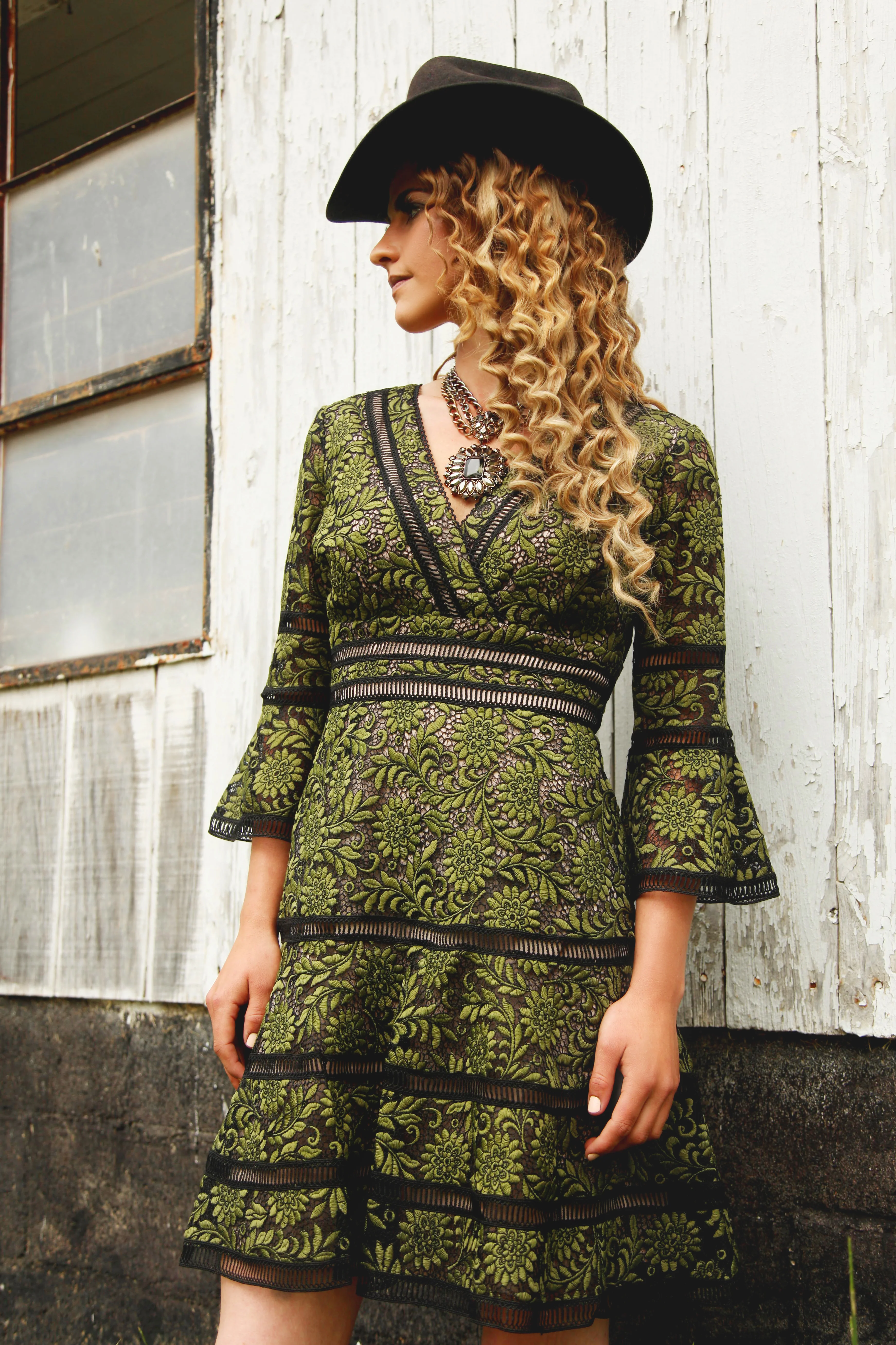 Bell-Sleeve Surplice Lace Dress in Green - Image 3