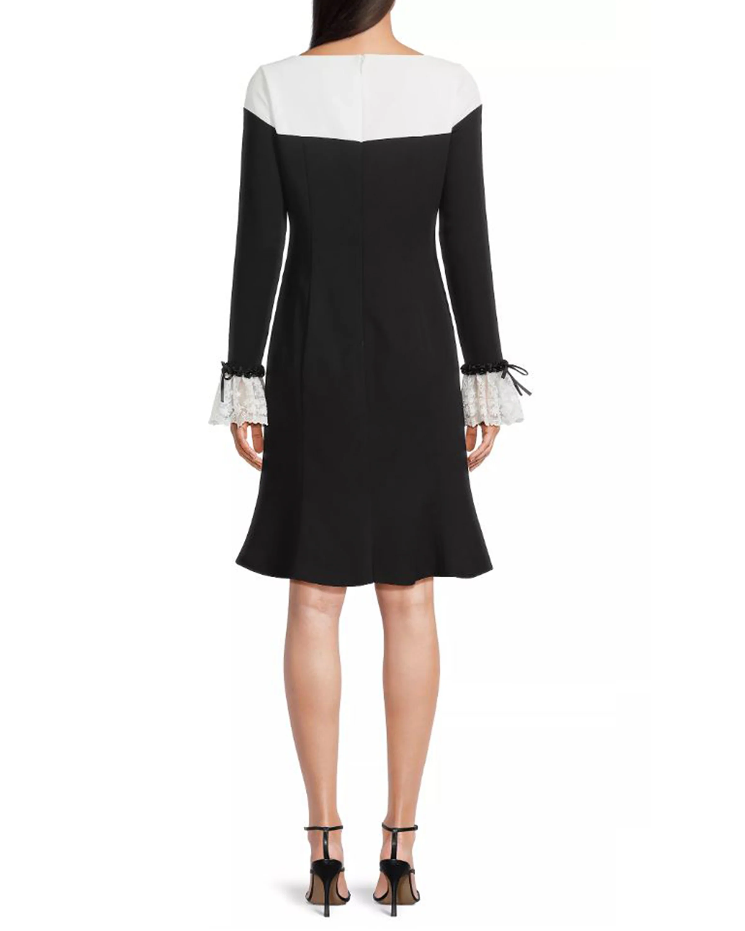 Fit and Flare Colorblock Crepe Dress with Lace Trim at Cuffs - Image 2