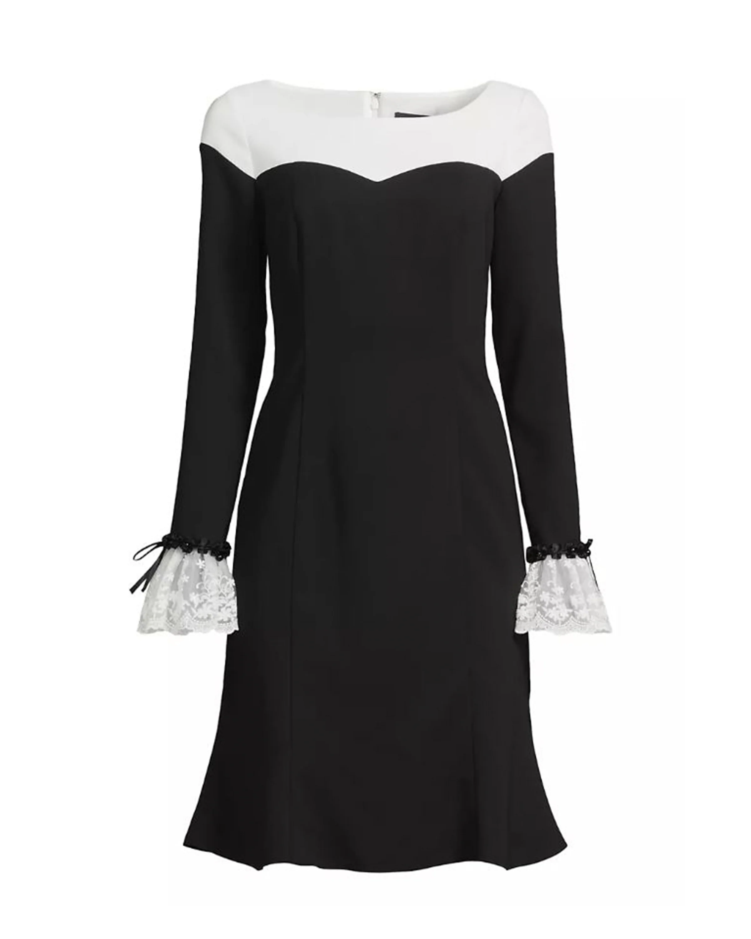 Fit and Flare Colorblock Crepe Dress with Lace Trim at Cuffs - Image 3
