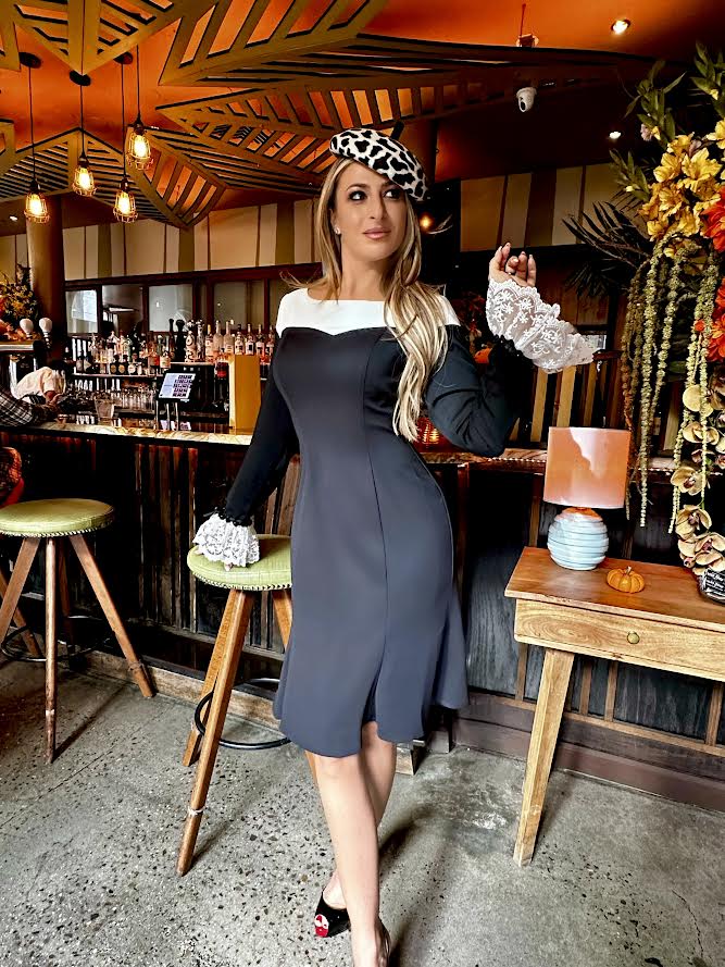 Fit and Flare Colorblock Crepe Dress with Lace Trim at Cuffs - Image 4