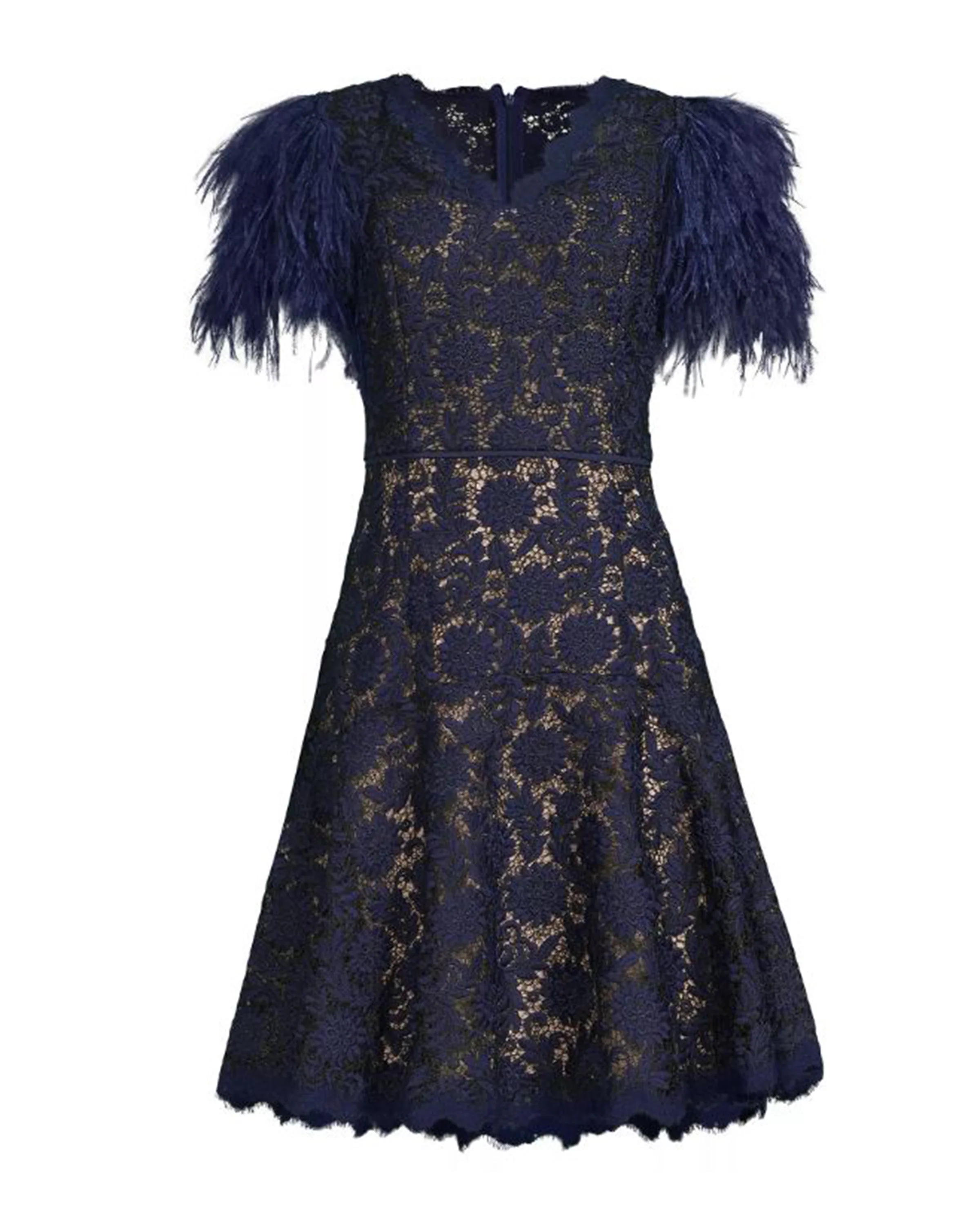 Fit & Flare Lace Dress with Feather Sleeves in Navy - Image 3