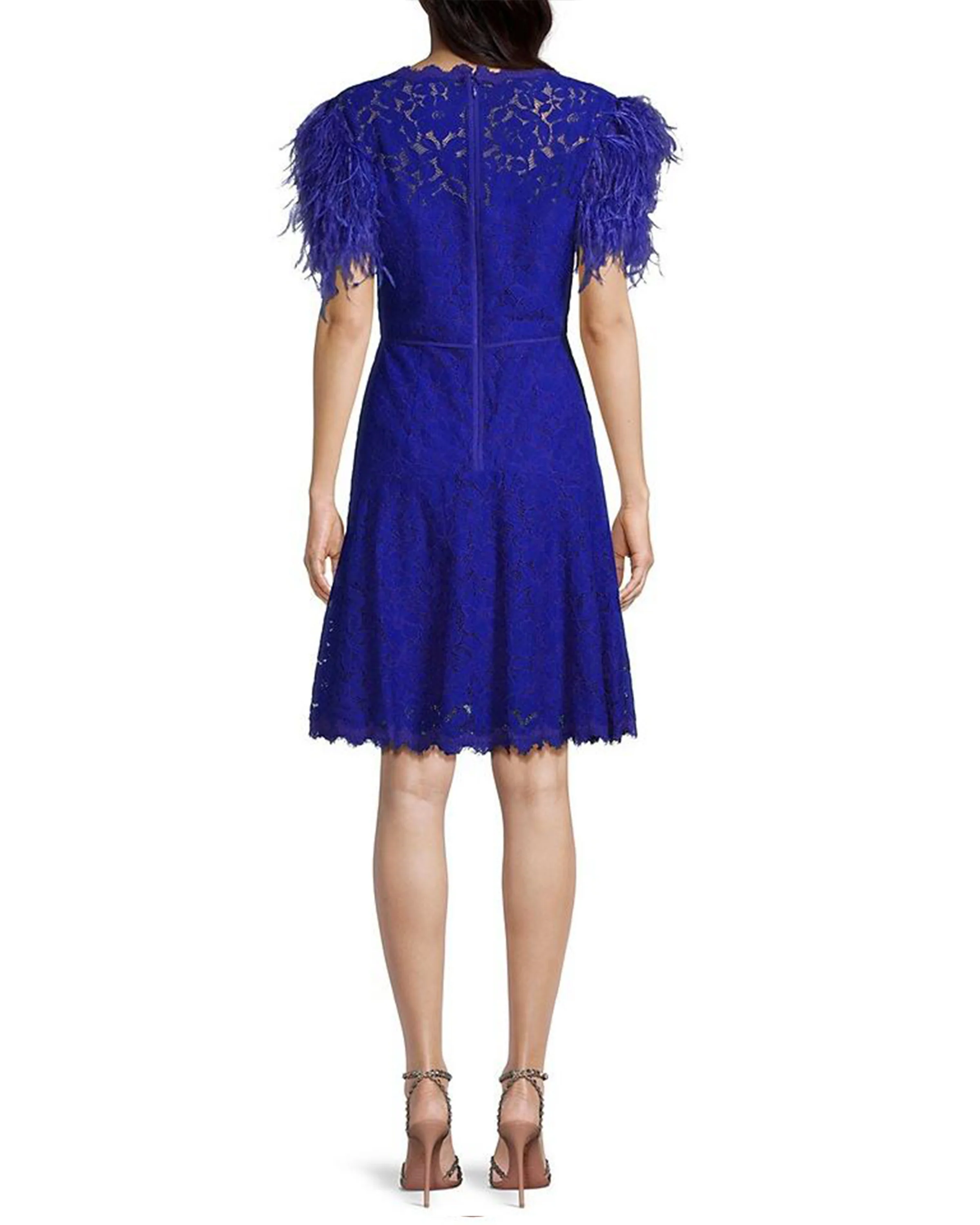 Fit & Flare Lace Dress with Feather Sleeves in Blue - Image 2
