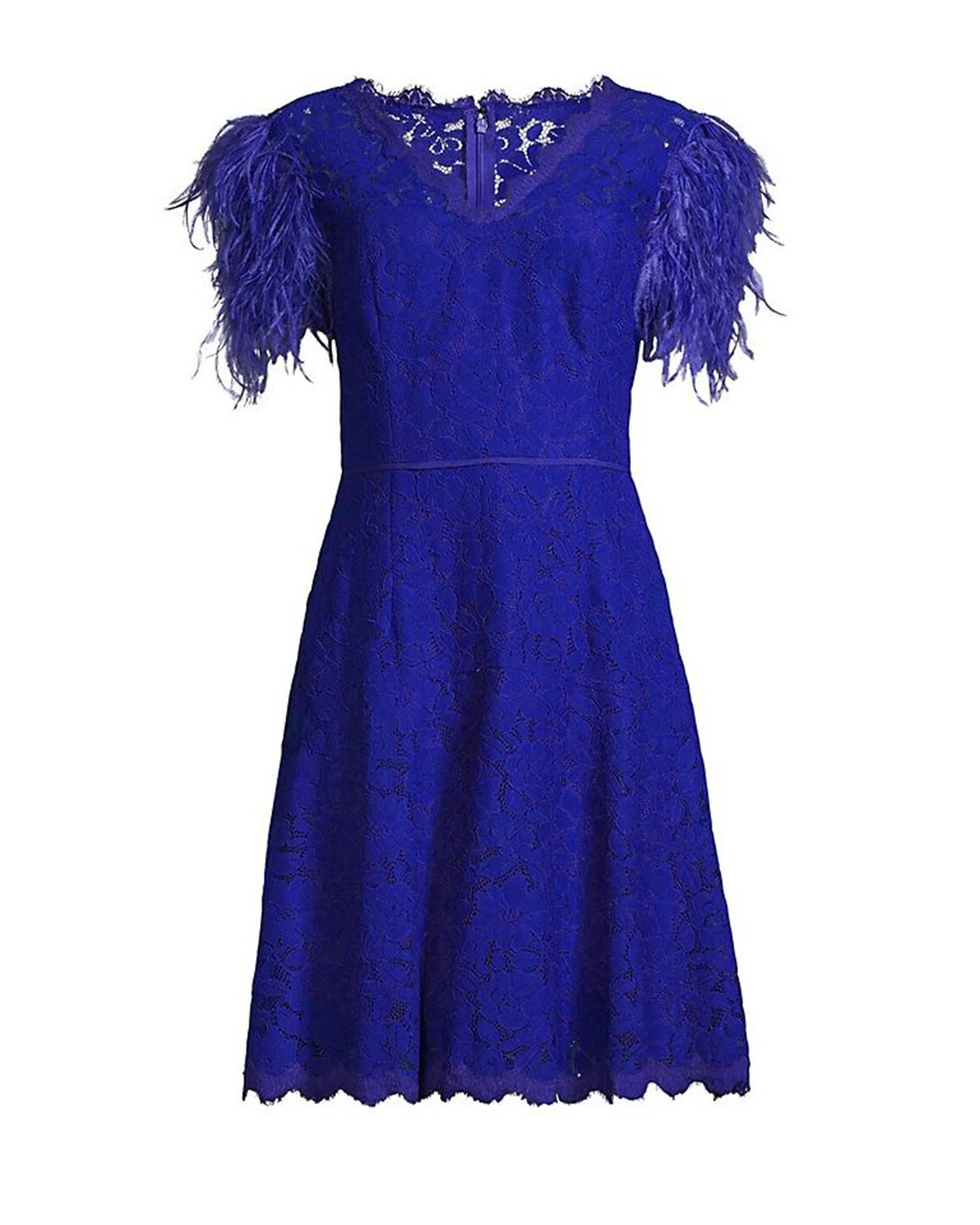 Fit & Flare Lace Dress with Feather Sleeves in Blue - Image 3