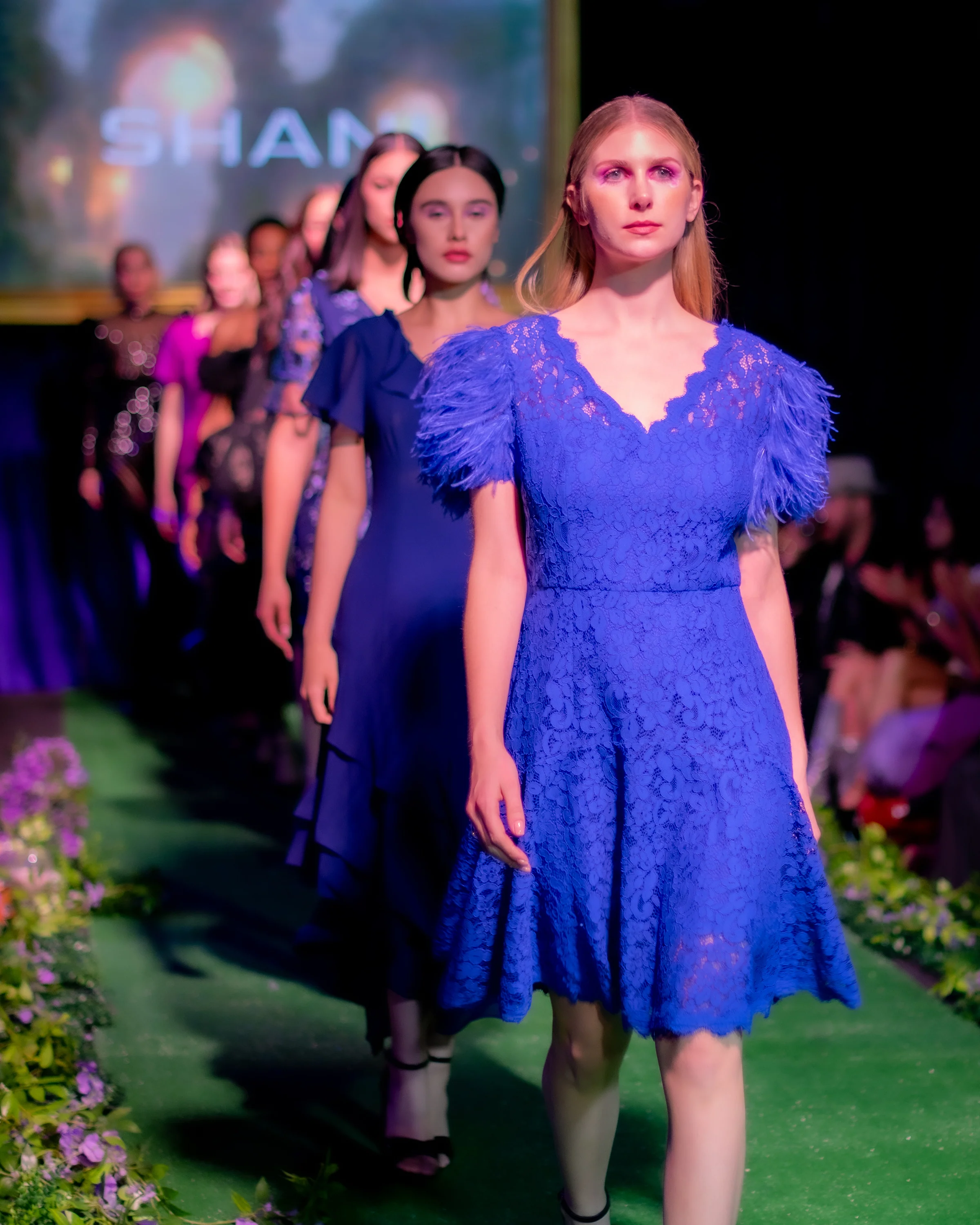 Fit & Flare Lace Dress with Feather Sleeves in Blue - Image 4