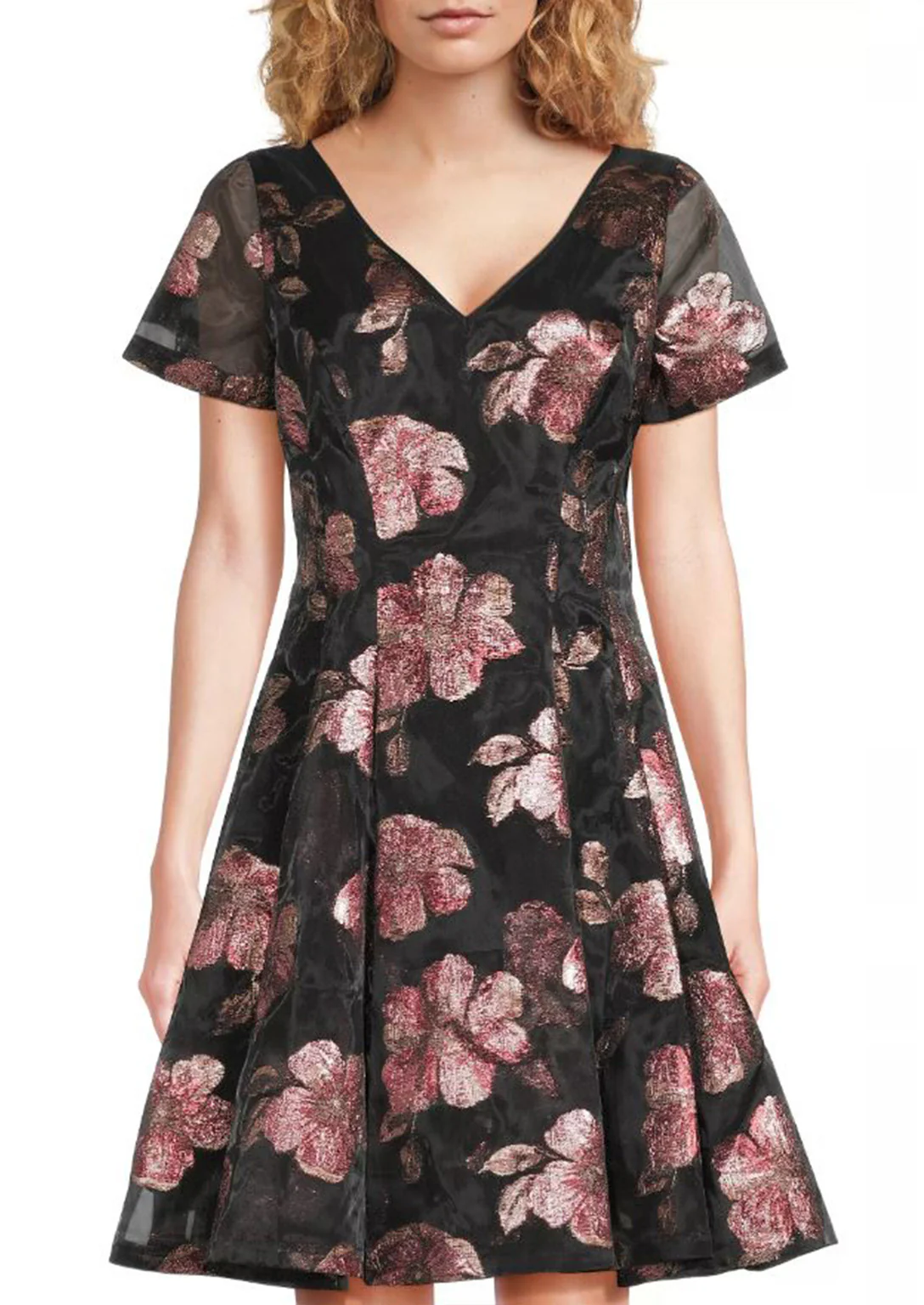 Floral Jacquard Organza Fit & Flare Dress in Pink - Image 2