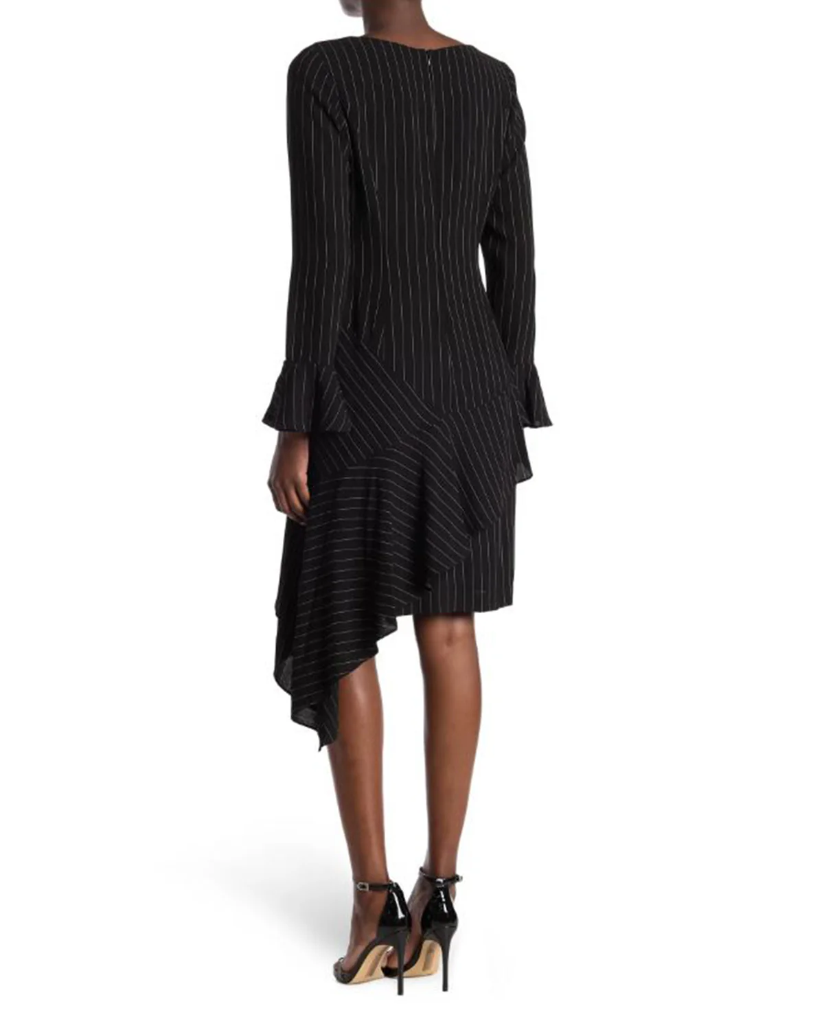 FOCUS by Shani — V-Neck Pinstripe Asymmetric Ruffle Dress - Image 2