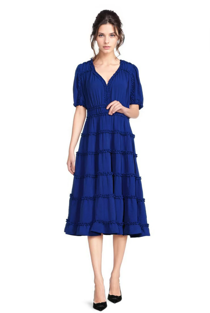FOCUS by Shani — Tiered Ruffle Trim Midi Dress in Navy