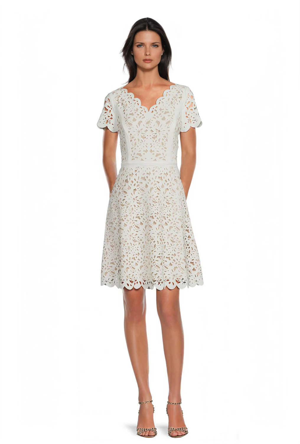 FOCUS by Shani — V-Neck Laser Cut Fit & Flare Dress in Ivory