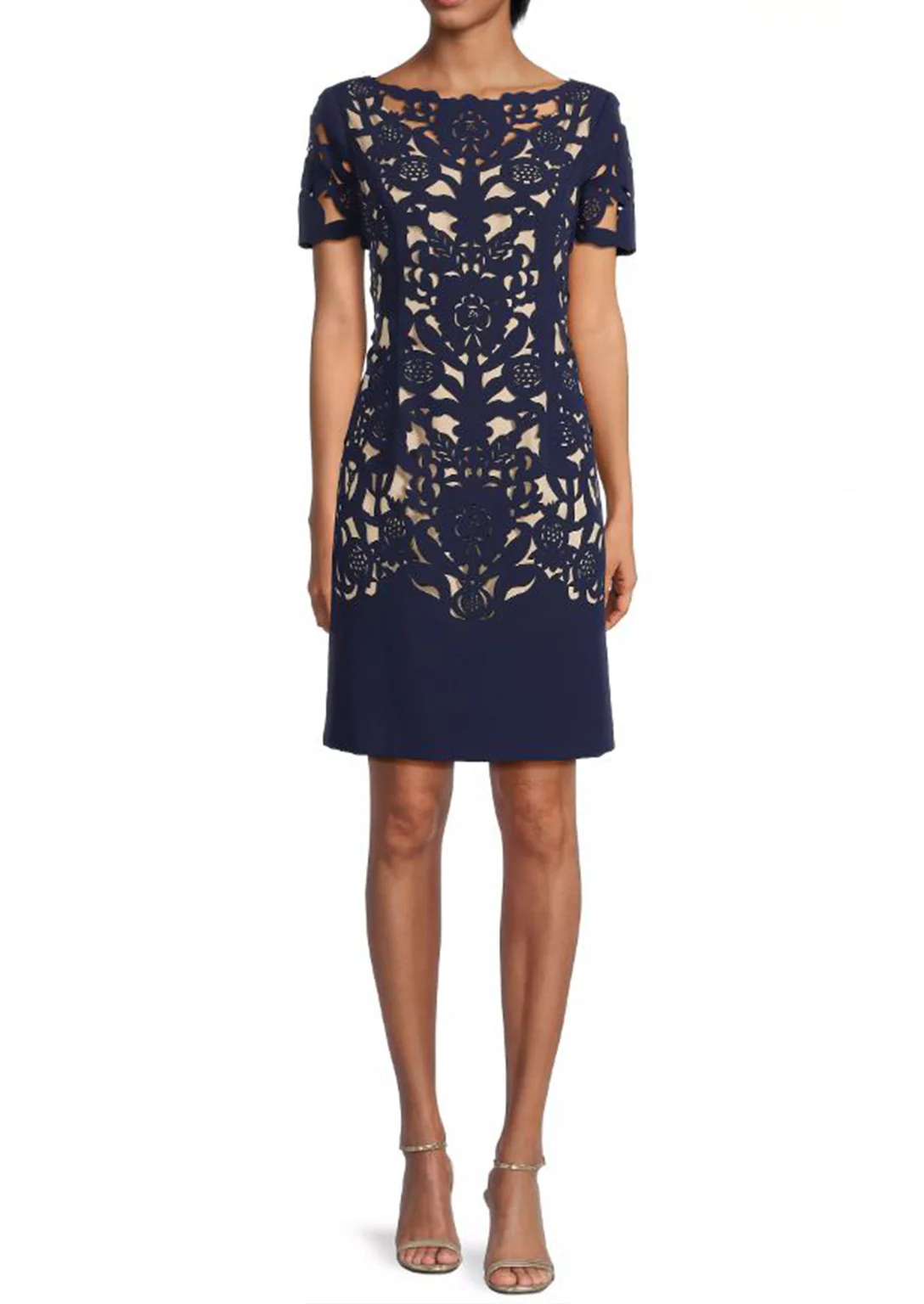 Laser Cutting Floral Crepe Sheath Dress in Navy
