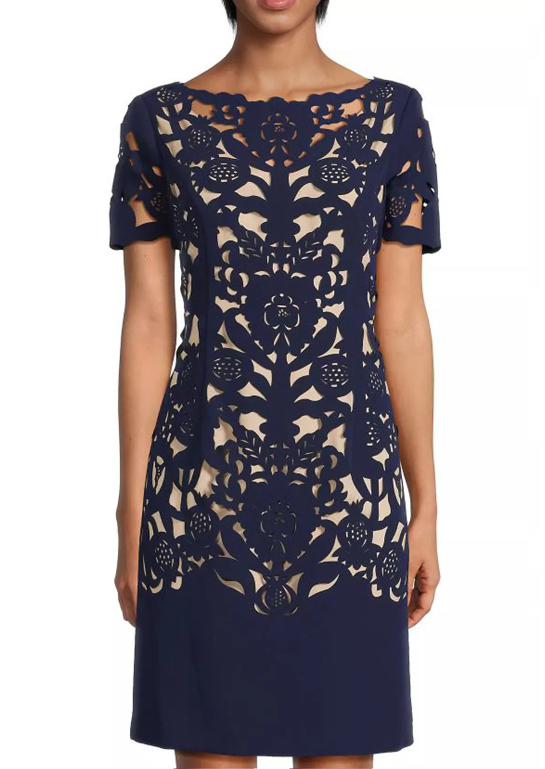 Laser Cutting Floral Crepe Sheath Dress in Navy - Image 2