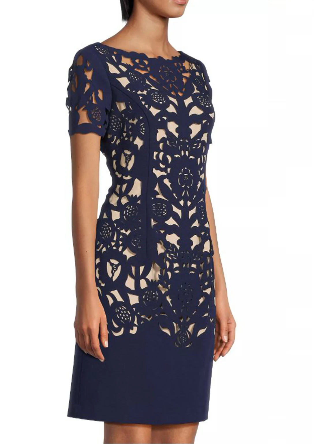 Laser Cutting Floral Crepe Sheath Dress in Navy - Image 3