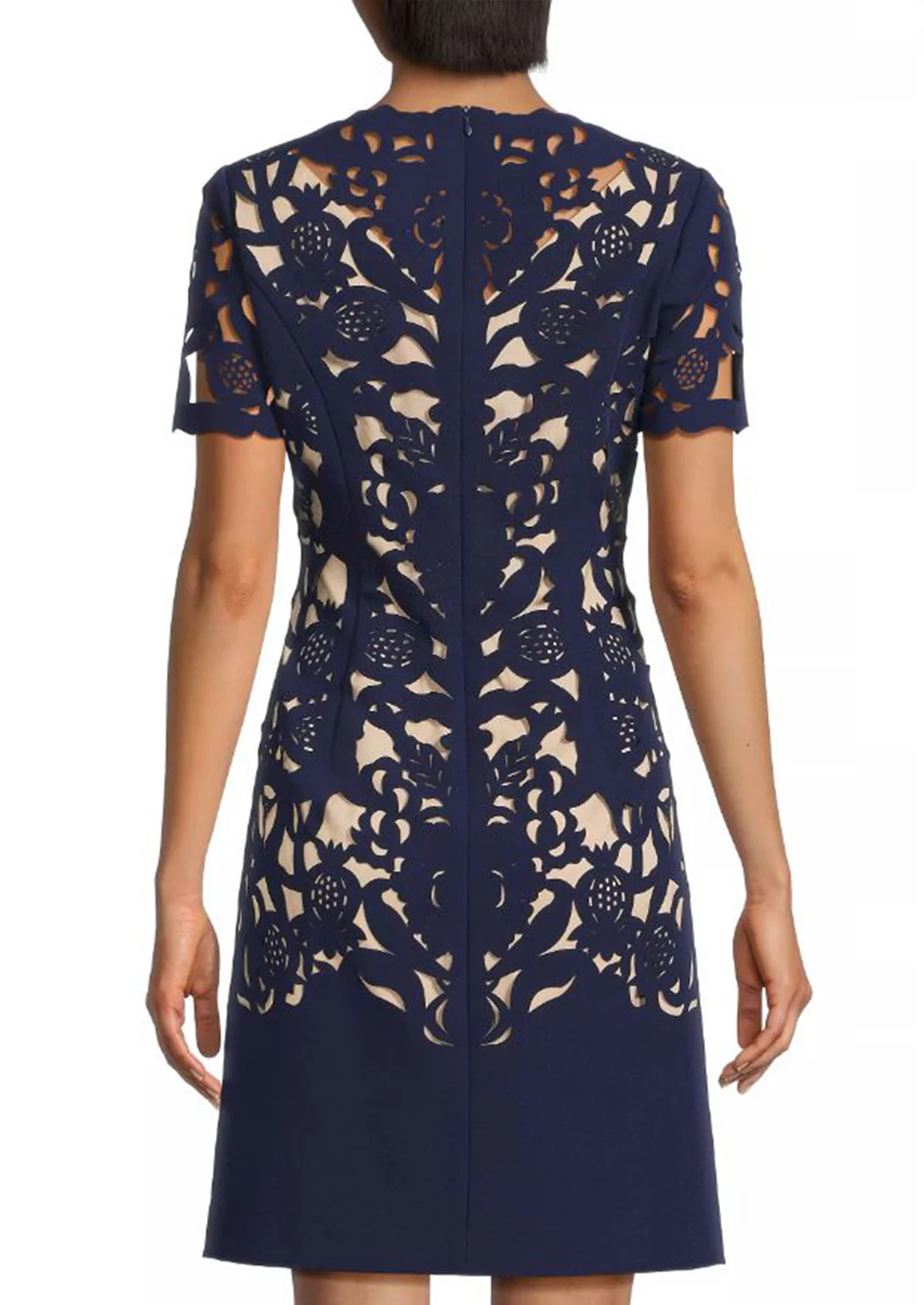 Laser Cutting Floral Crepe Sheath Dress in Navy - Image 4