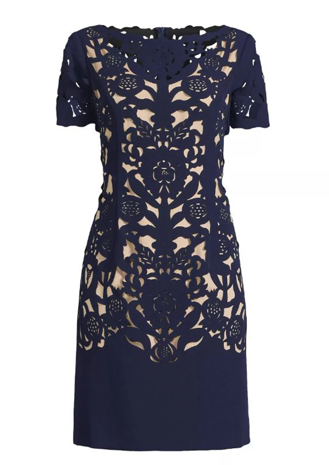 Laser Cutting Floral Crepe Sheath Dress in Navy - Image 5