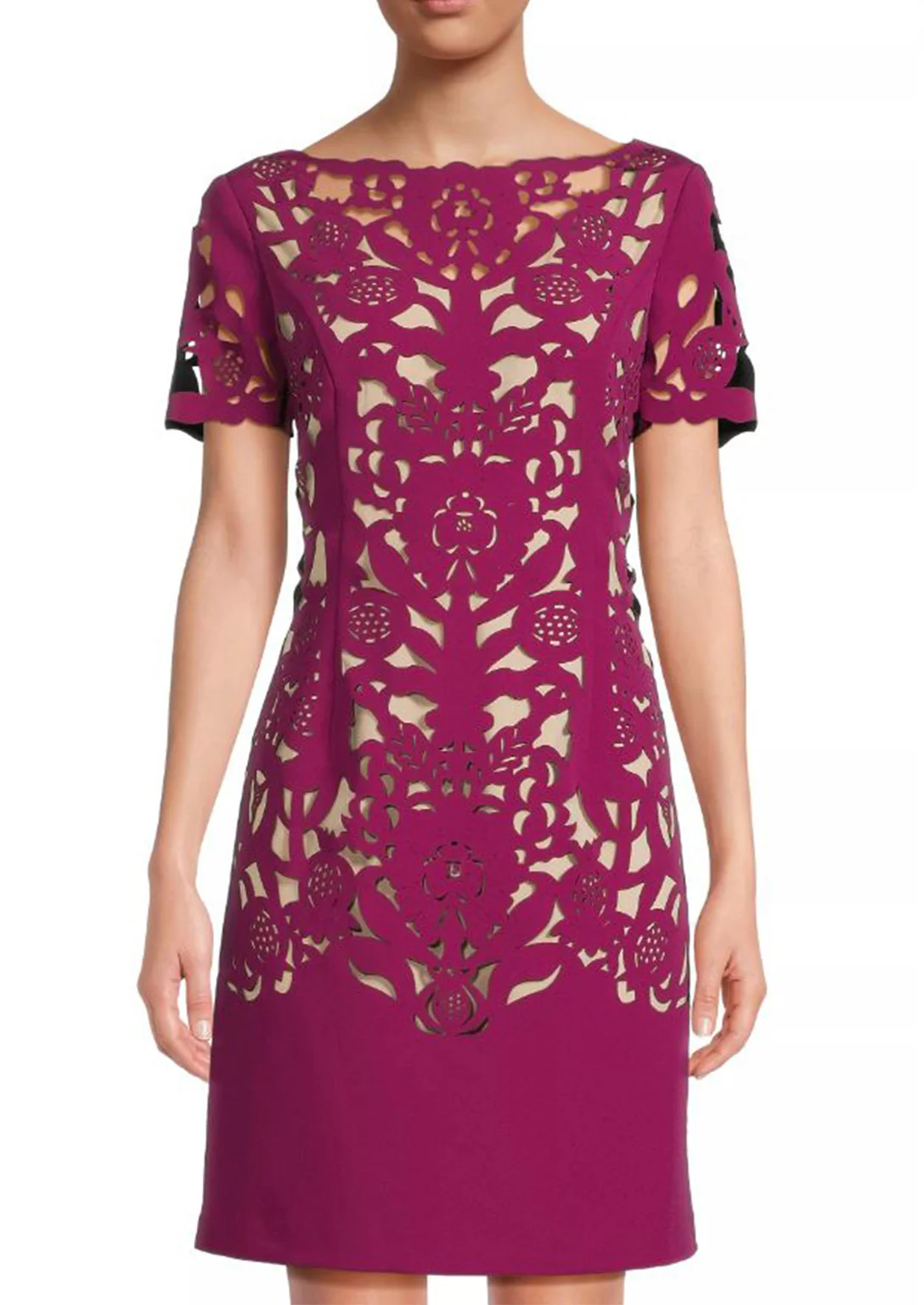 Laser Cutting Floral Crepe Sheath Dress in Pink - Image 2