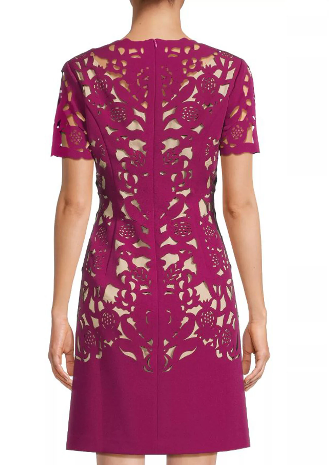 Laser Cutting Floral Crepe Sheath Dress in Pink - Image 3