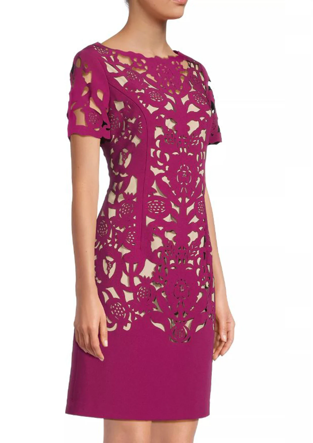 Laser Cutting Floral Crepe Sheath Dress in Pink - Image 4