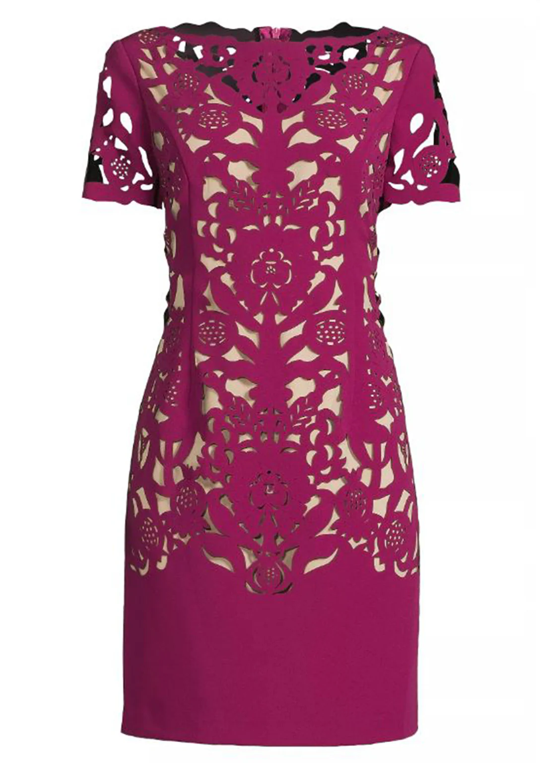 Laser Cutting Floral Crepe Sheath Dress in Pink - Image 5
