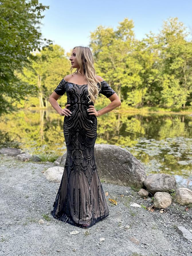 Off the Shoulder Beaded Fit and Flare Gown - Image 4
