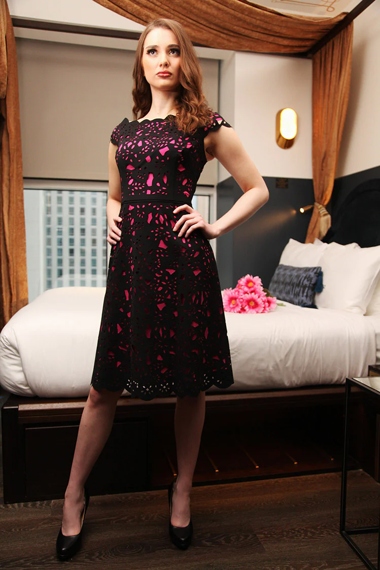 Off-the-Shoulder Laser Cut Dress in Pink - Image 3