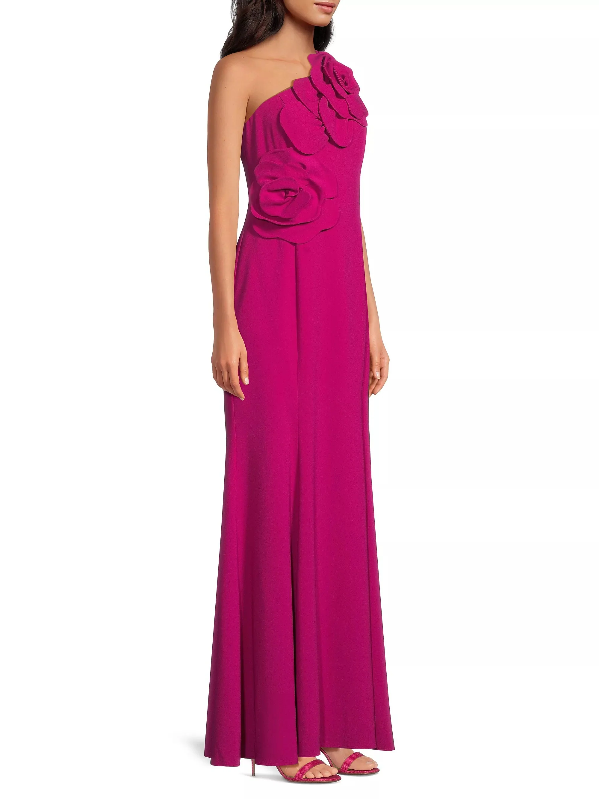 One-Shoulder Floral Appliqué Crepe Gown in Fuchsia - Image 2