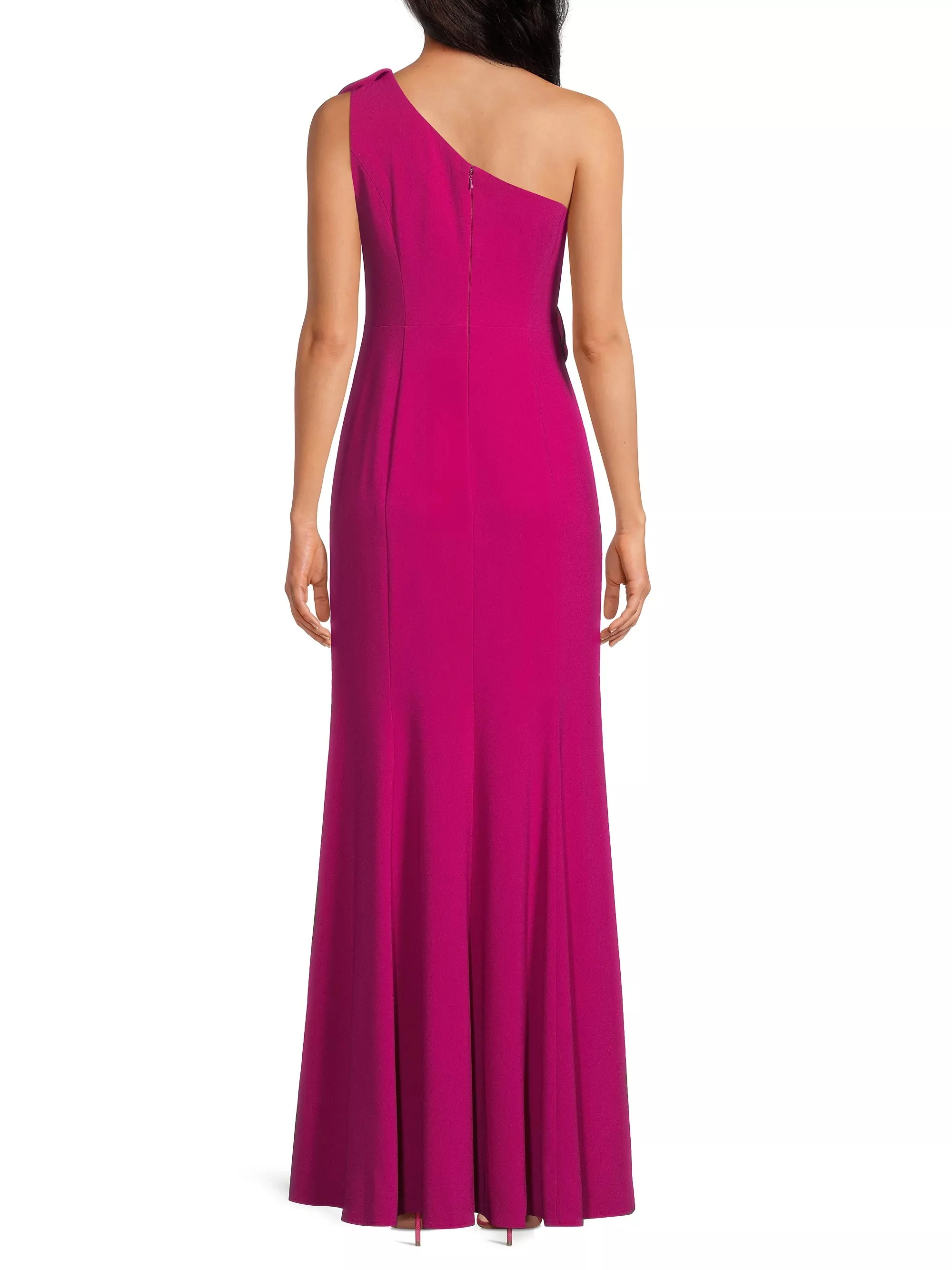 One-Shoulder Floral Appliqué Crepe Gown in Fuchsia - Image 3