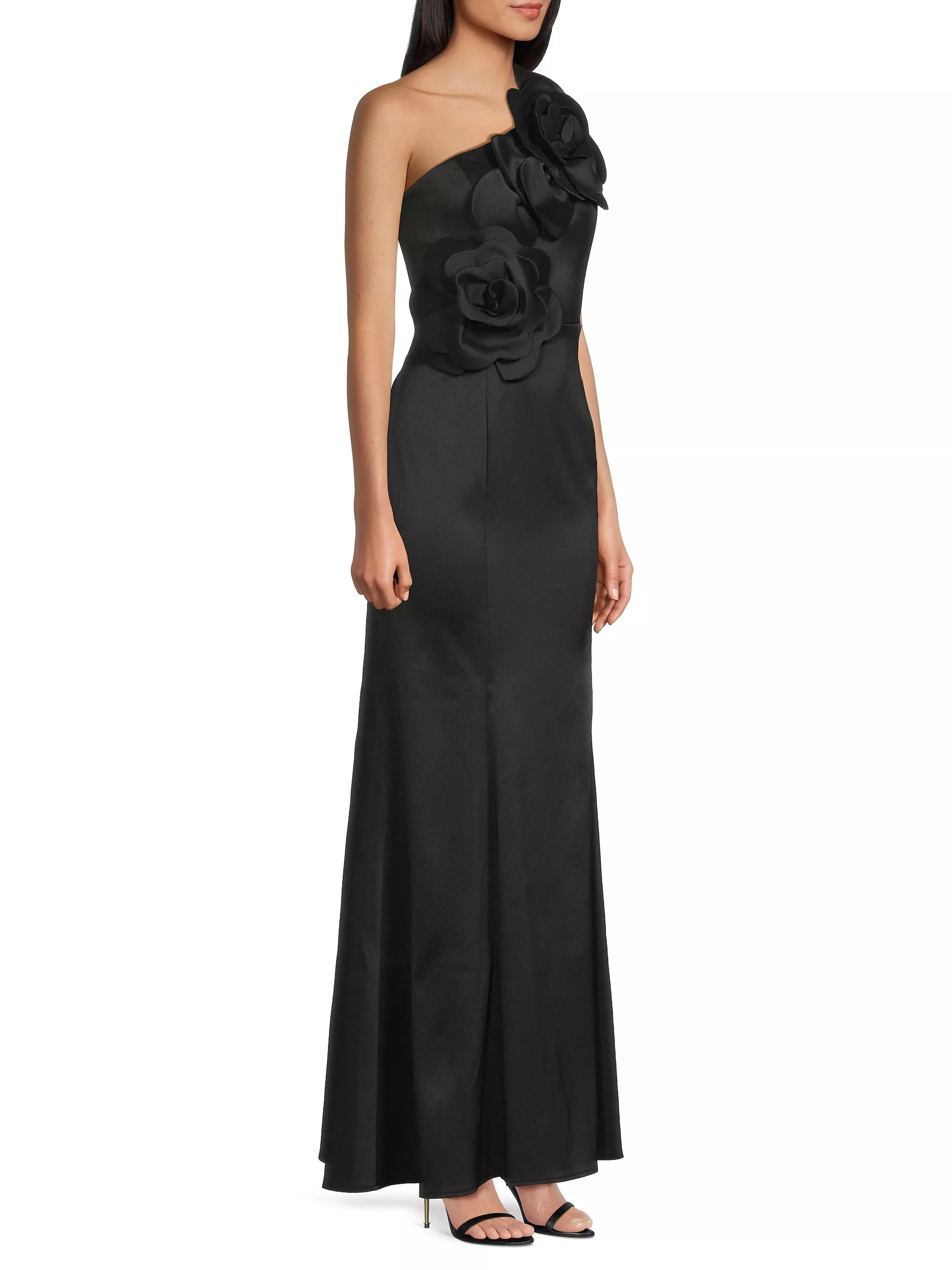 One-Shoulder Floral Appliqué Crepe Gown in Black - Image 2
