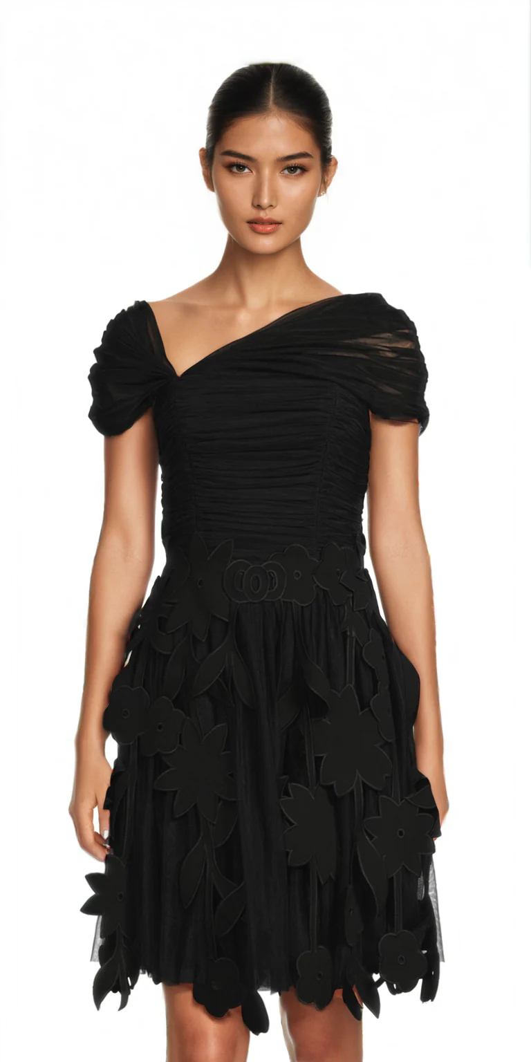 Crepe Dress with Laser Cut and Tulle Detail Black - Image 2