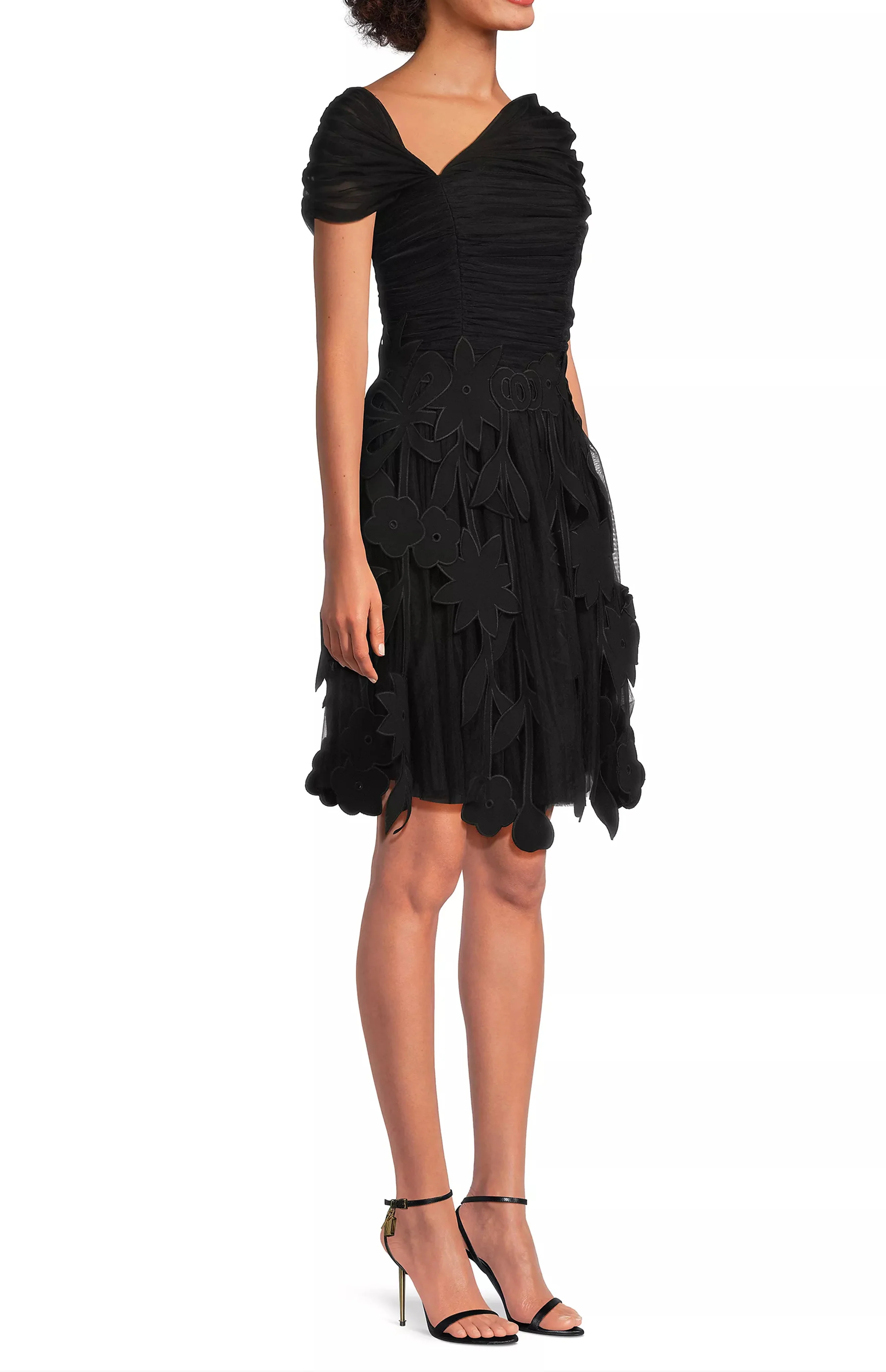 Crepe Dress with Laser Cut and Tulle Detail Black - Image 3