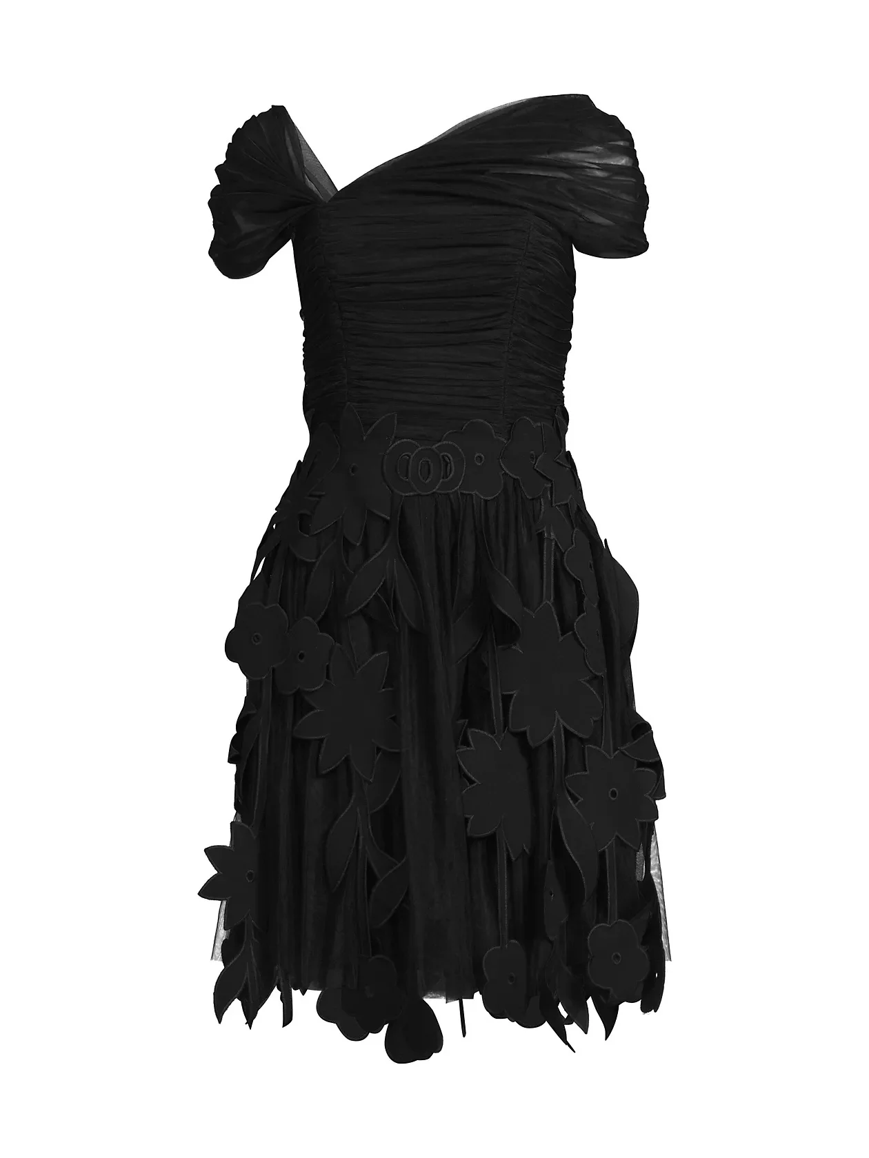 Crepe Dress with Laser Cut and Tulle Detail Black - Image 4