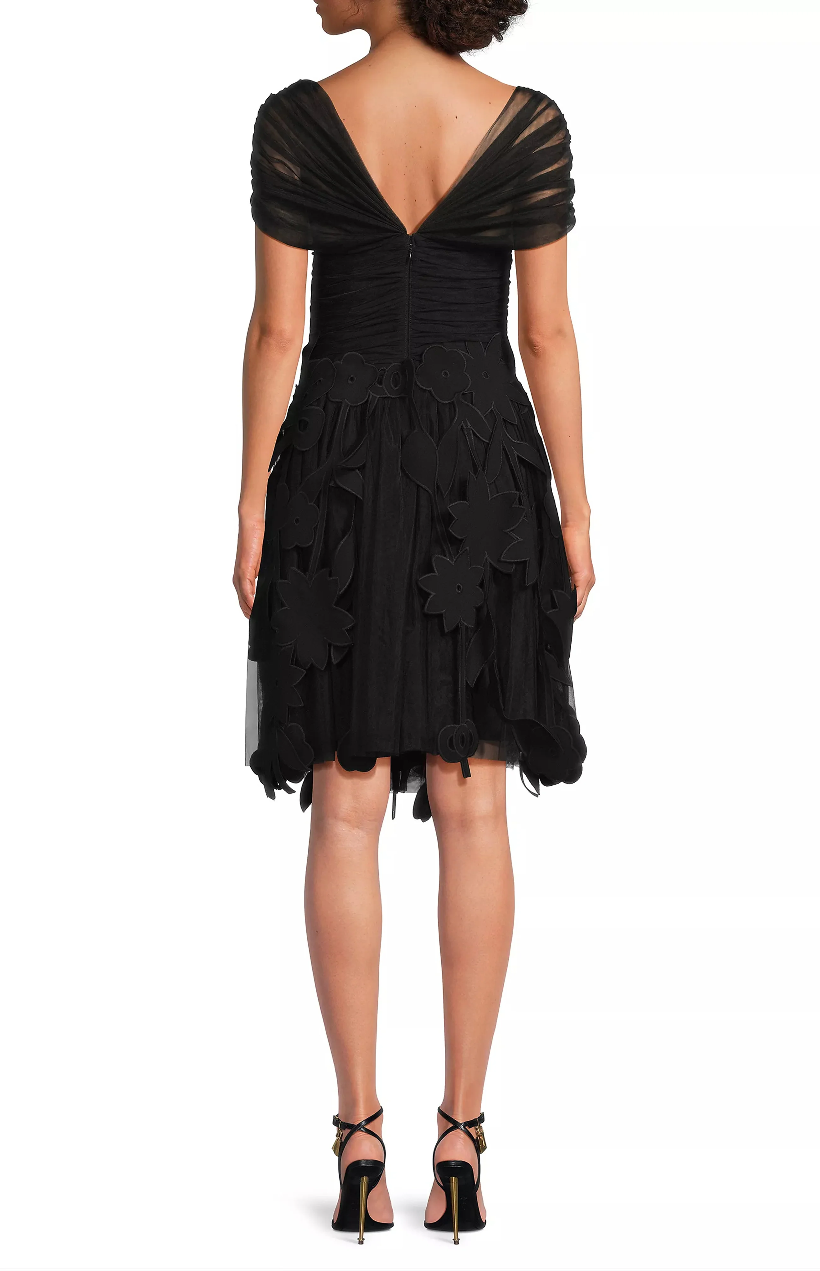 Crepe Dress with Laser Cut and Tulle Detail Black - Image 5