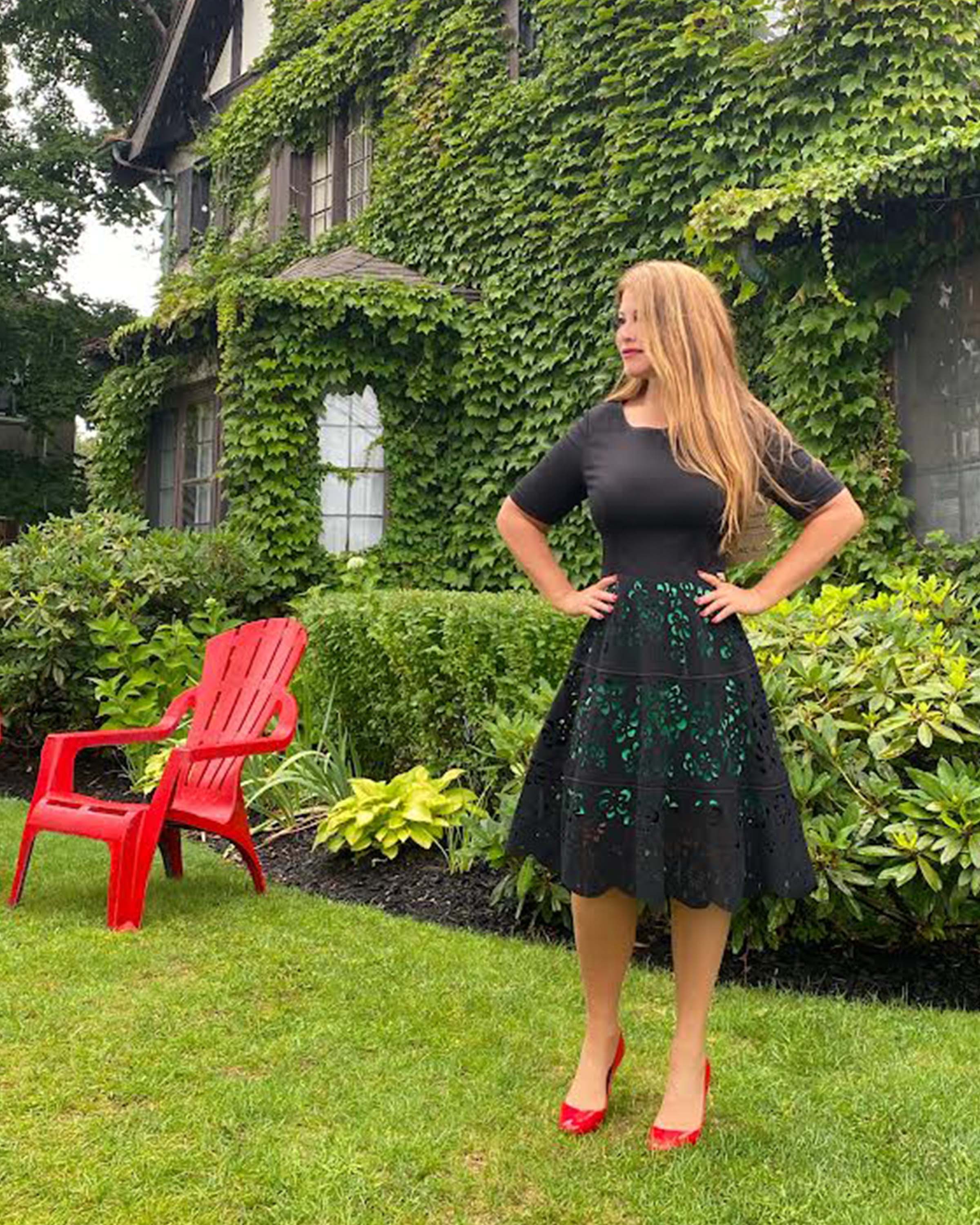 FOCUS by Shani — Laser Cut Ponte Knit Fit & Flare Dress in Green - Image 3