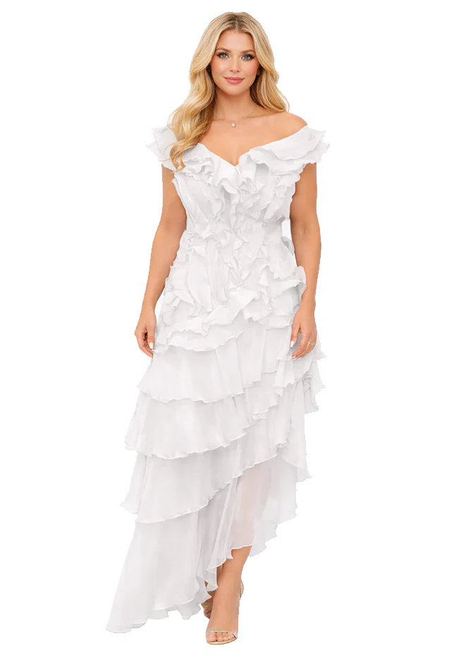 PREORDER - Asymmetric Tiered Ruffle Gown in White