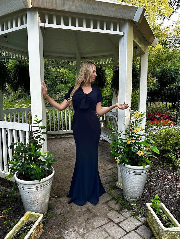 Bow Detail Crepe Gown in Navy - Image 3