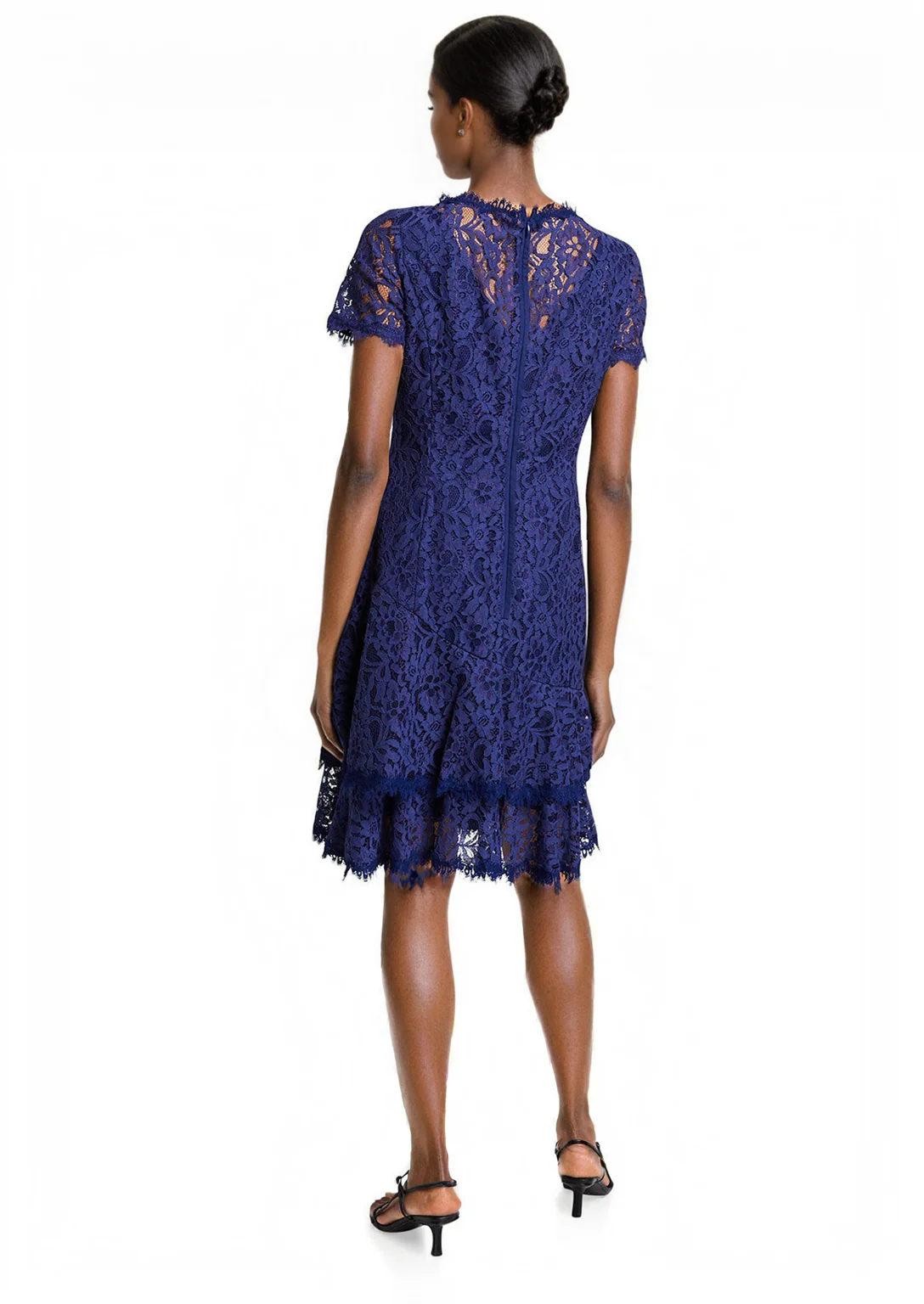 Short-Sleeve Double Ruffle Lace Dress in Navy - Image 2