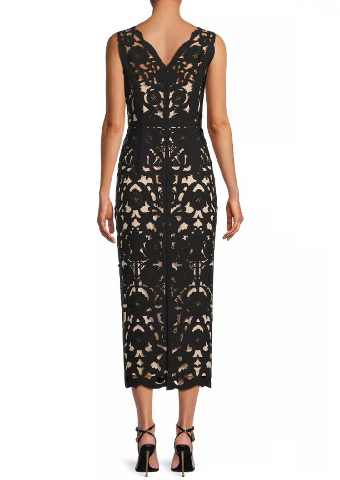 Sleeveless Floral Crepe Laser-Cut Midi Dress in BLACK - Image 3