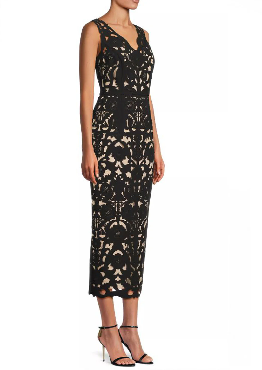 Sleeveless Floral Crepe Laser-Cut Midi Dress in BLACK - Image 4