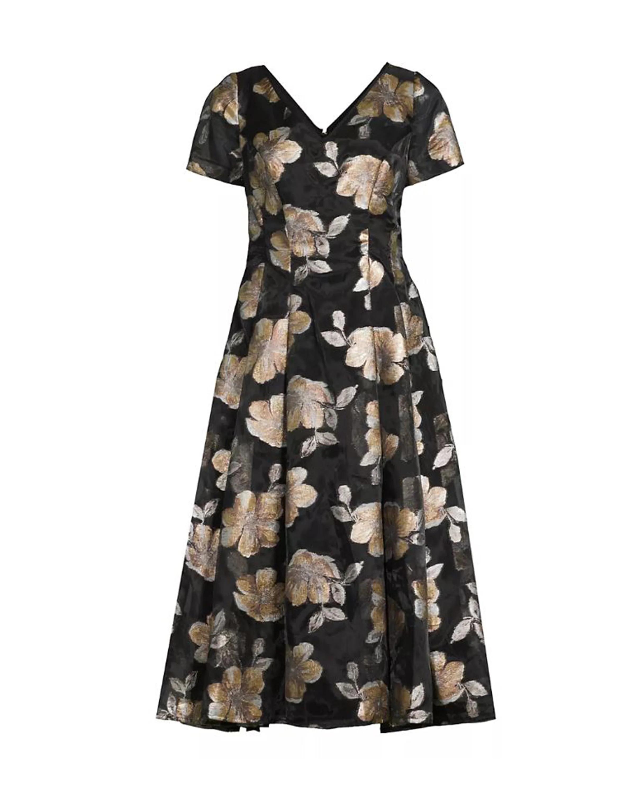 V-Neck Floral Jacquard and Organza Fit & Flare Midi Dress in Black - Image 3