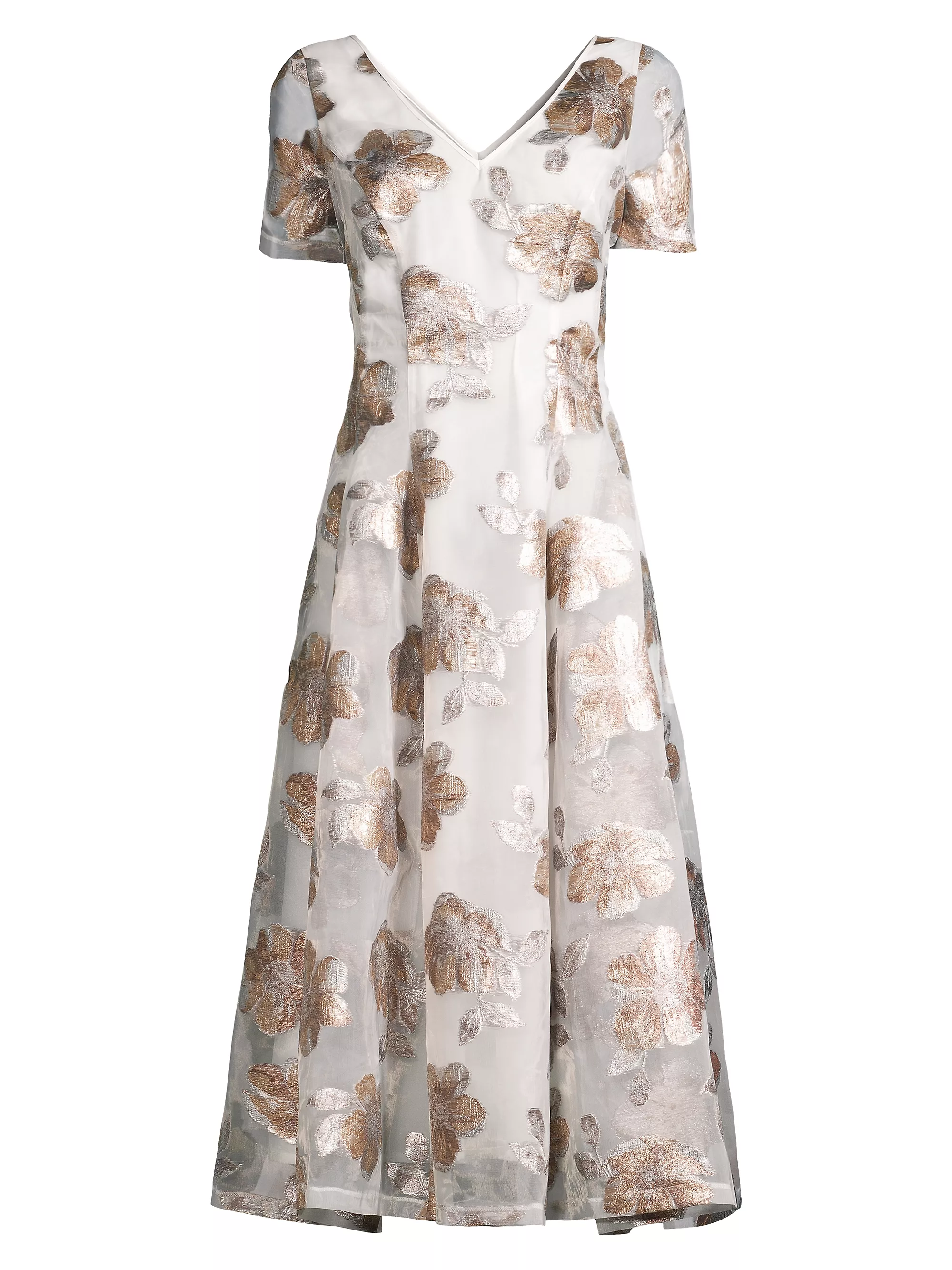 V-Neck Floral Jacquard and Organza Fit & Flare Midi Dress - Image 3
