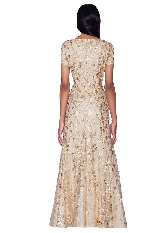V-Neck Gold Fit and Flare Embroidered Gown - Image 2