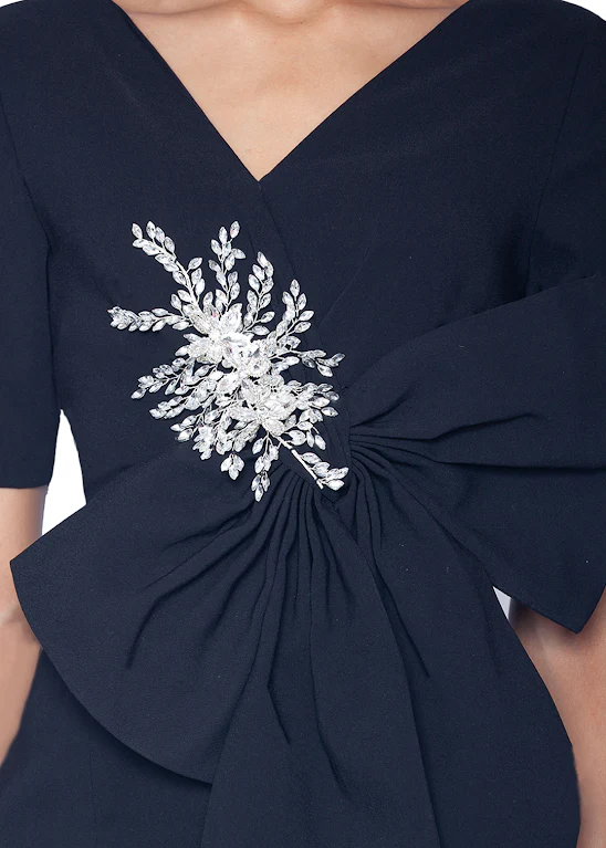 V-Neck Gown with Dramatic Bow and Crystal Detail - Image 2