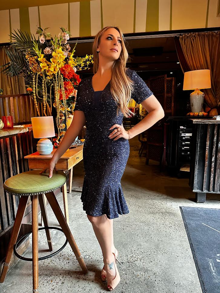 V-Neck Sequin Fit and Flare Dress in Navy - Image 4