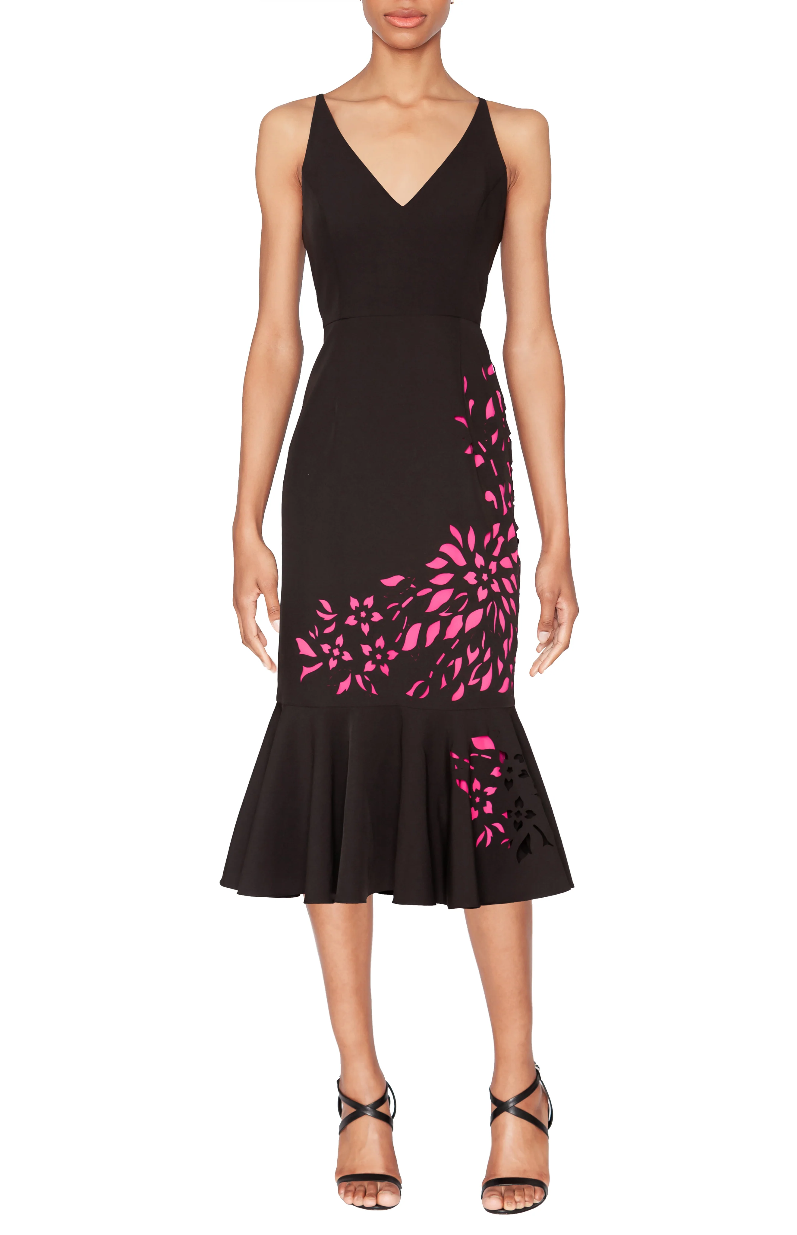 WHITE TIE by Shani - Sleeveless Laser Cutting Dress with Flounce - Black/Nude - Image 4